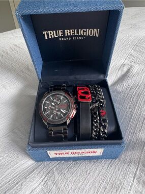 True Religion Black and Red Men’s Watch and Bracelet Set